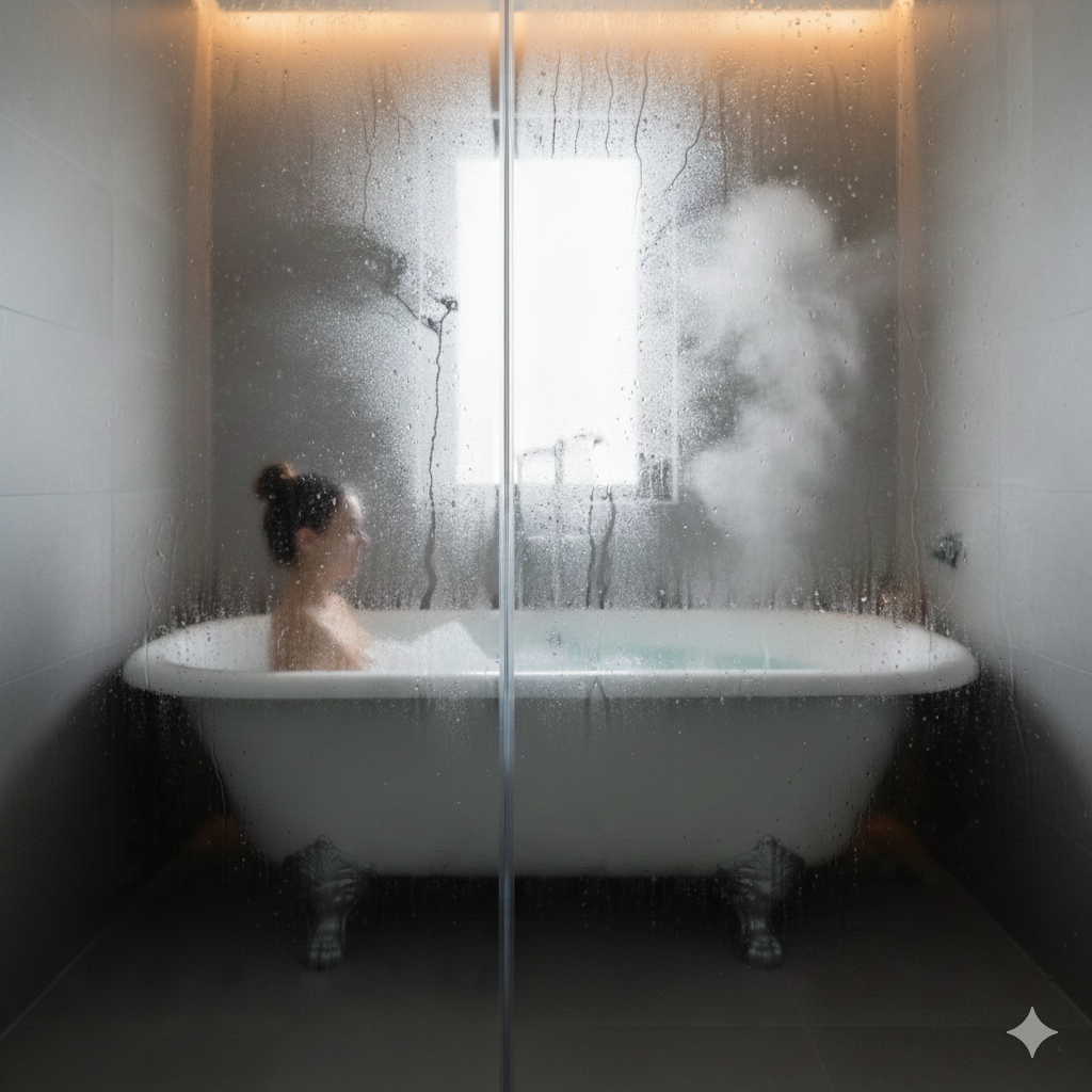 senhora a tomar banho com água aquecida por bomba de calor AQS Braga atrás de vidro embaciado